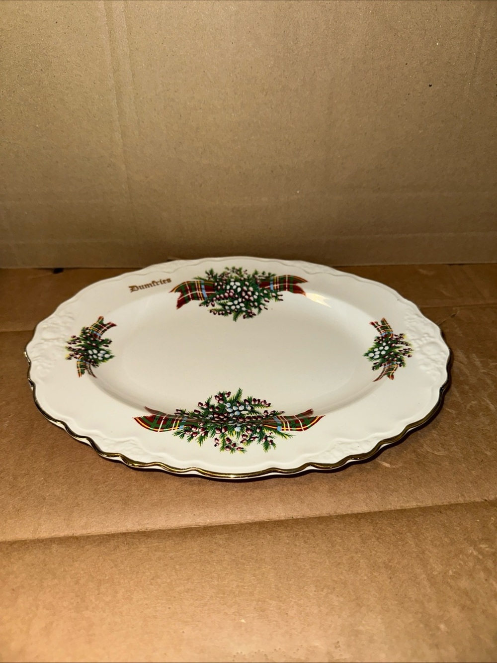 Festive White Serving Platter with Gold Trim and Tartan Sprigs Dumfries